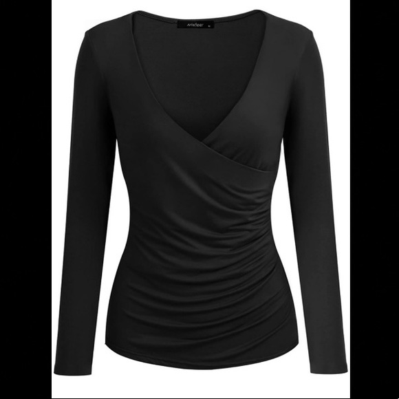 Mixfeer Tops - Women's Deep V Neck Long Sleeve Cross Front Slim Fit T-Shirt Wrap Top